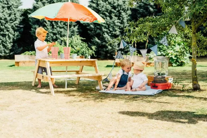 Plum Wooden Picnic Table with Benches & Parasol | Outdoor Games, Drawing, and Eating Table